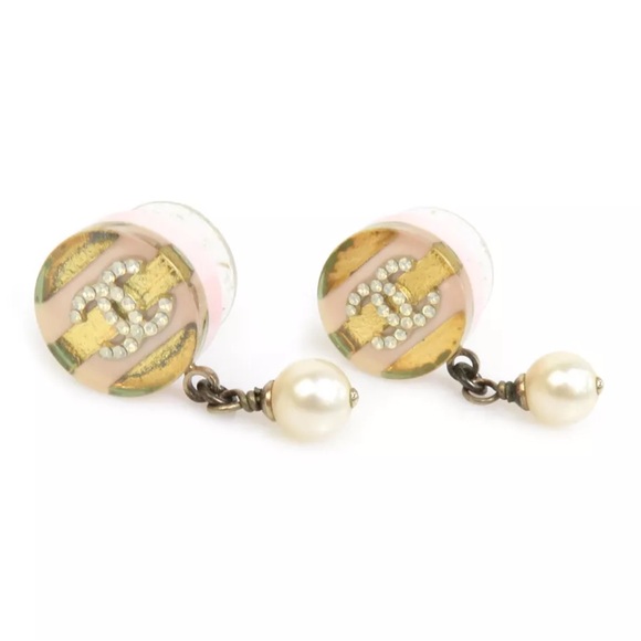 CHANEL Resin Crystal Pearl Striped CC Drop Earrings Pink Gold - Picture 2 of 5